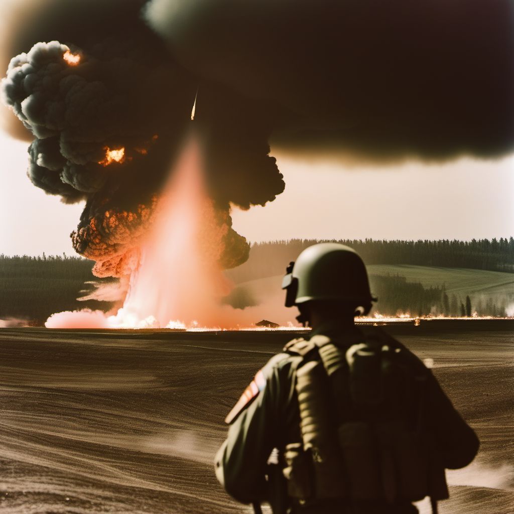 Military operations involving thermal radiation effect of nuclear weapon, military personnel digital illustration