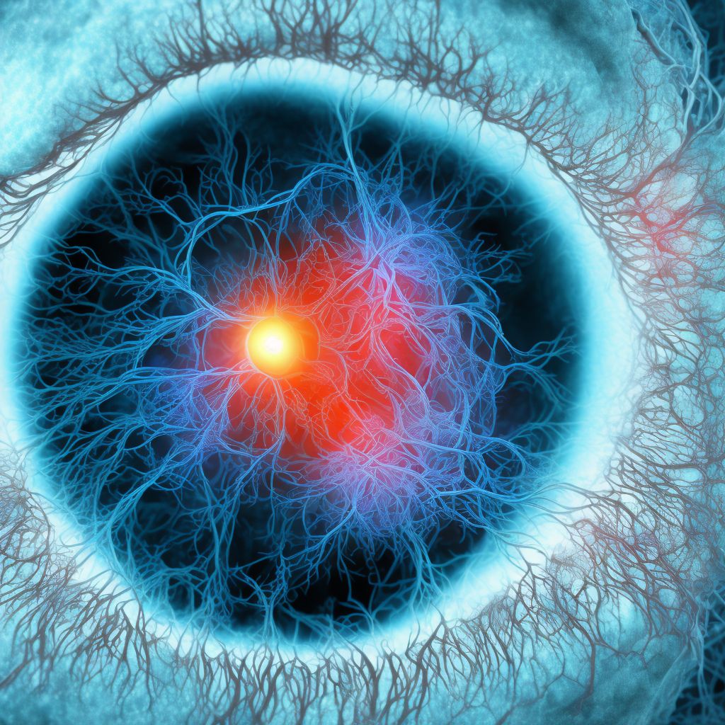 Diabetes mellitus due to underlying condition with proliferative diabetic retinopathy with combined traction retinal detachment and rhegmatogenous retinal detachment, right eye digital illustration