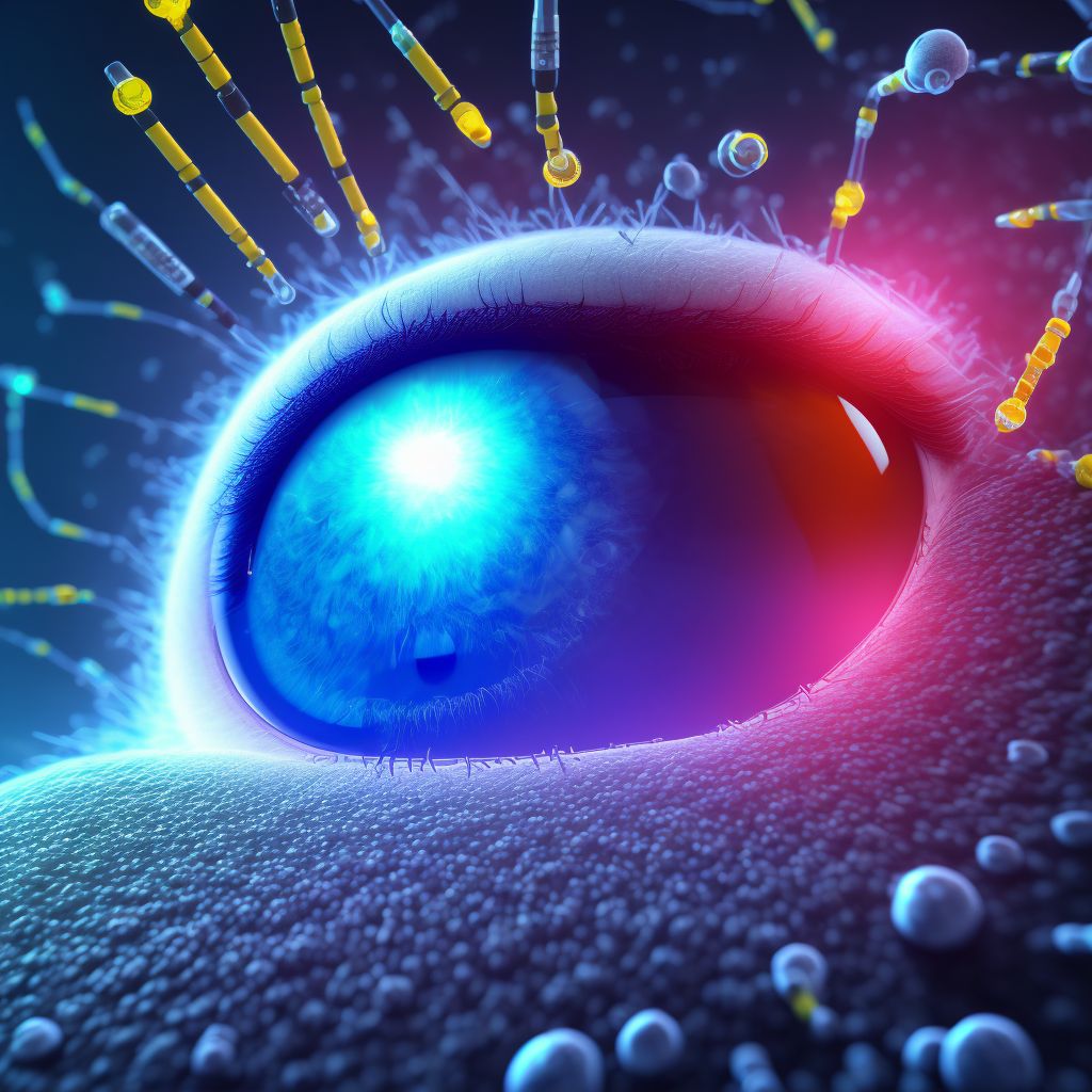 Other specified diabetes mellitus with proliferative diabetic retinopathy with macular edema, right eye digital illustration