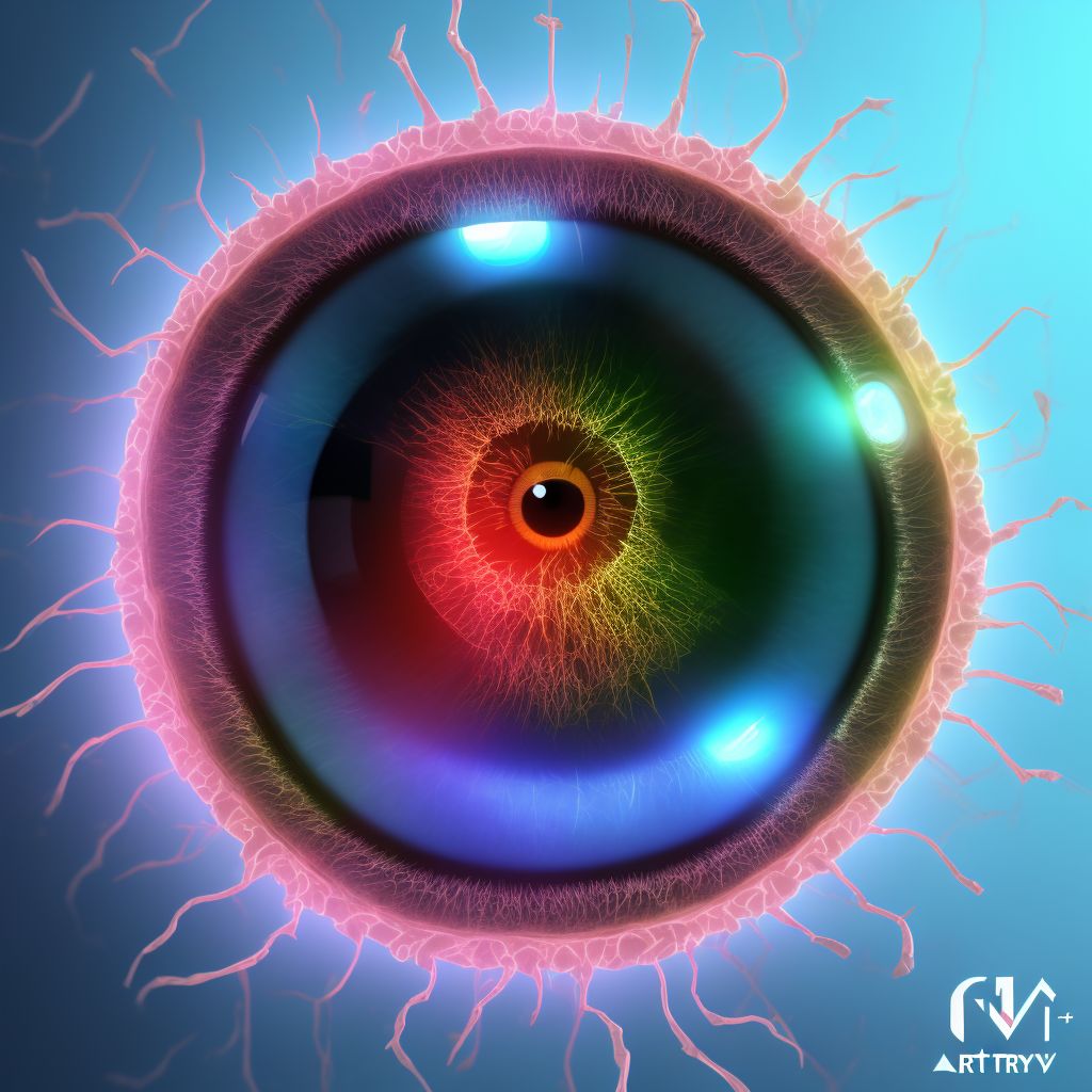 Retained (old) magnetic foreign body in anterior chamber, right eye digital illustration