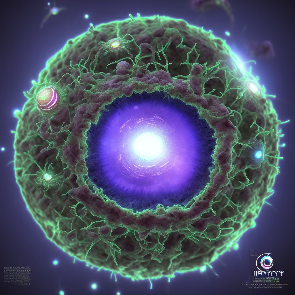 Retained (old) magnetic foreign body in iris or ciliary body, right eye digital illustration