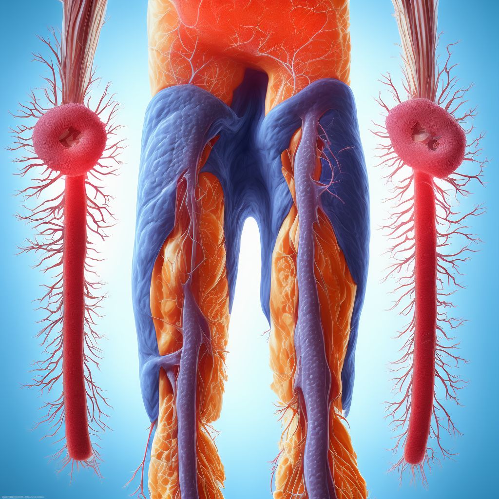 Atherosclerosis of autologous vein bypass graft(s) of the left leg with ulceration of thigh digital illustration