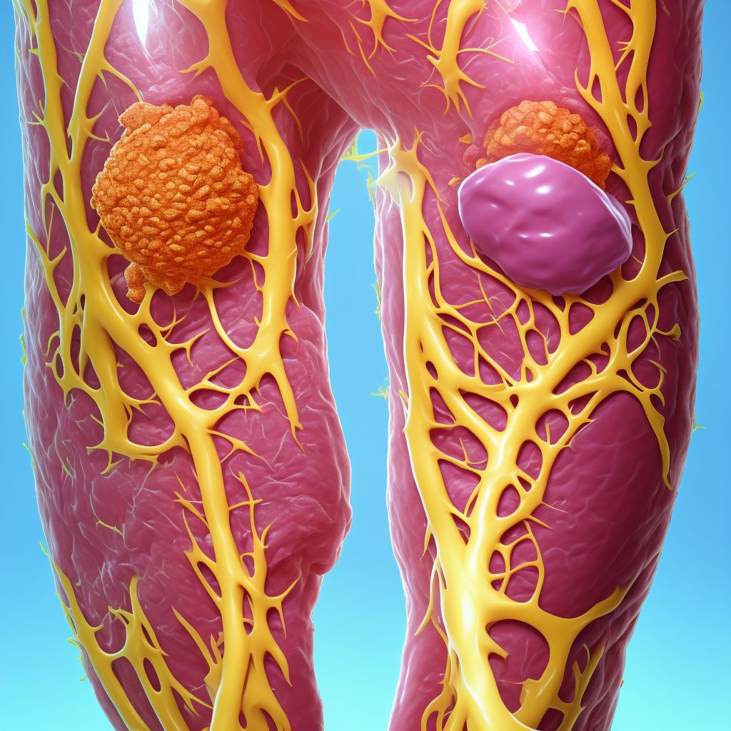 Atherosclerosis of nonbiological bypass graft(s) of the right leg with ulceration of heel and midfoot digital illustration