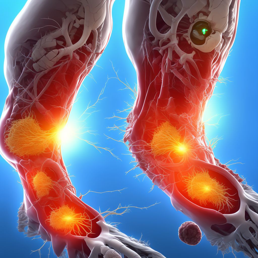 Atherosclerosis of other type of bypass graft(s) of the right leg with ulceration of heel and midfoot digital illustration