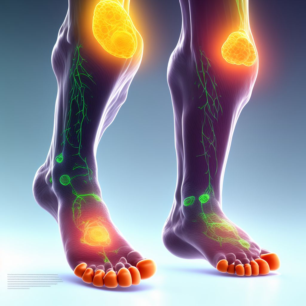 Idiopathic chronic gout, right ankle and foot, without tophus (tophi) digital illustration