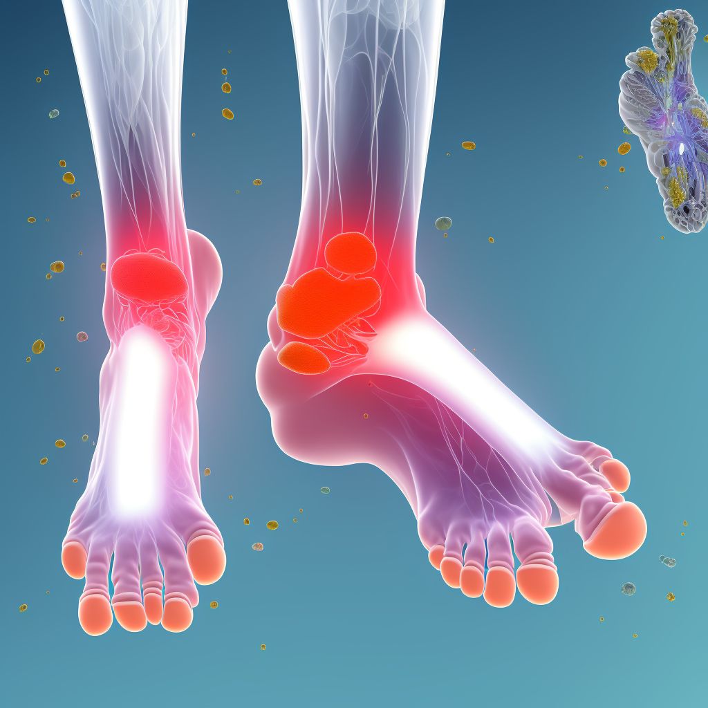 Drug-induced chronic gout, left ankle and foot, without tophus (tophi) digital illustration