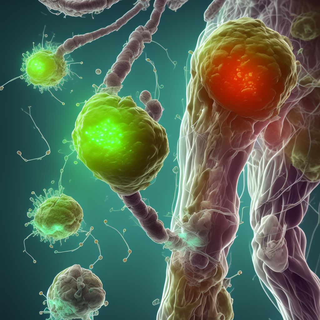 Other secondary chronic gout, right knee, with tophus (tophi) digital illustration