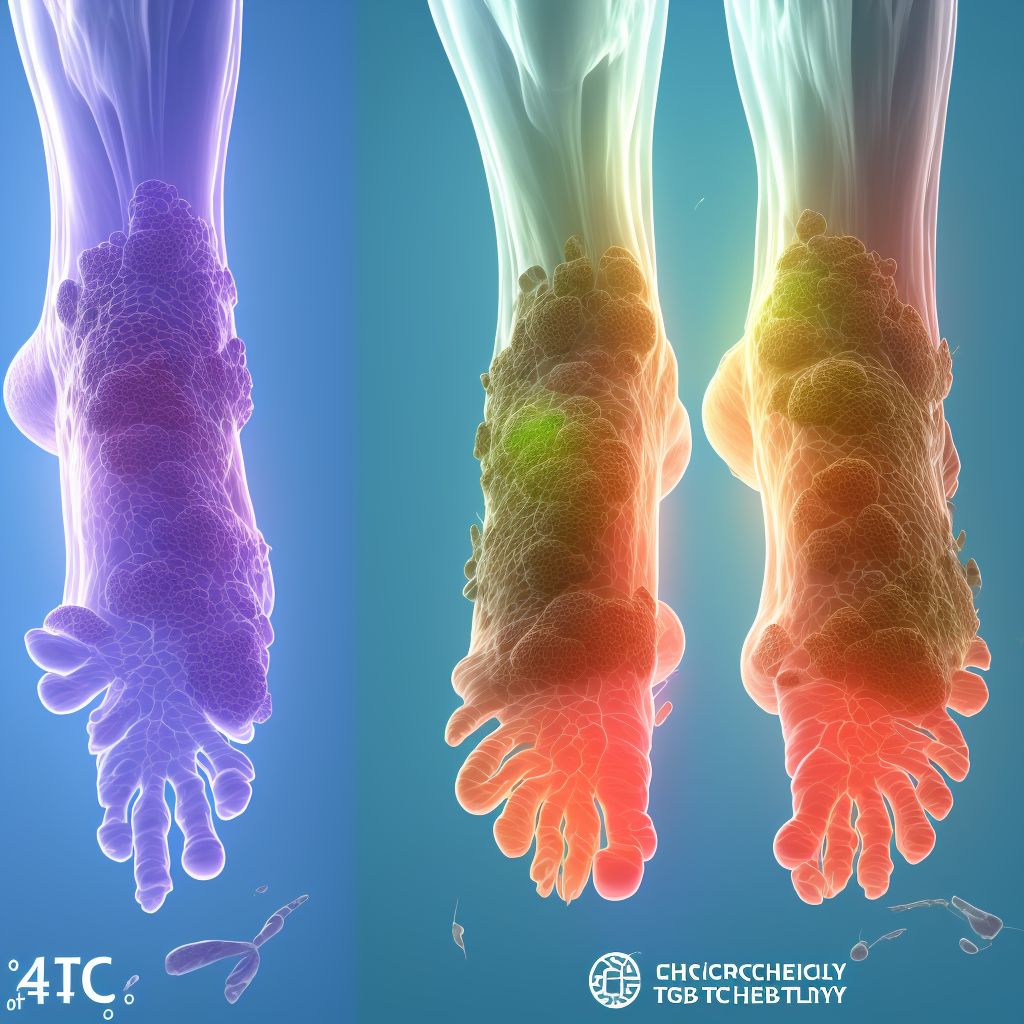 Other secondary chronic gout, right ankle and foot, without tophus (tophi) digital illustration