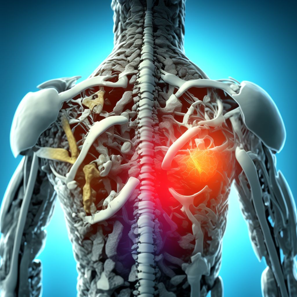 Fatigue fracture of vertebra, thoracolumbar region, subsequent encounter for fracture with routine healing digital illustration