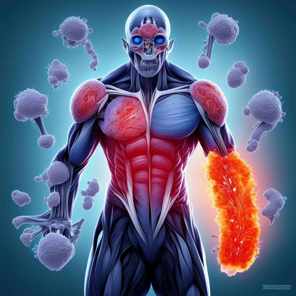 Calcification and ossification of muscles associated with burns, left thigh digital illustration