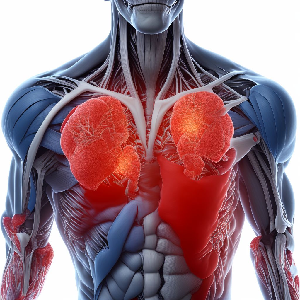 Nontraumatic ischemic infarction of muscle, left thigh digital illustration