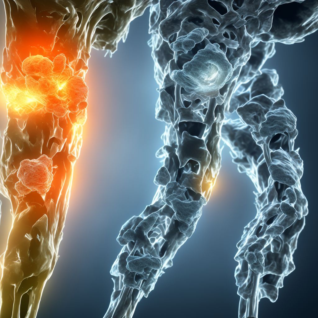 Age-related osteoporosis with current pathological fracture, left lower leg, subsequent encounter for fracture with delayed healing digital illustration