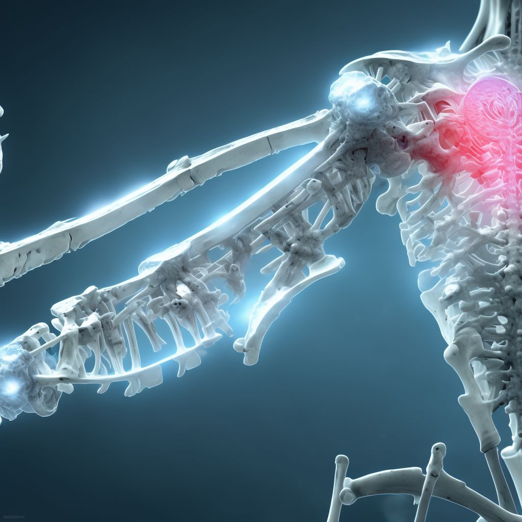 Fracture of radius or ulna following insertion of orthopedic implant, joint prosthesis, or bone plate, right arm digital illustration