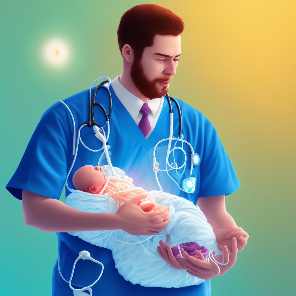 Labor and delivery complicated by cord around neck, with compression, fetus 1 digital illustration