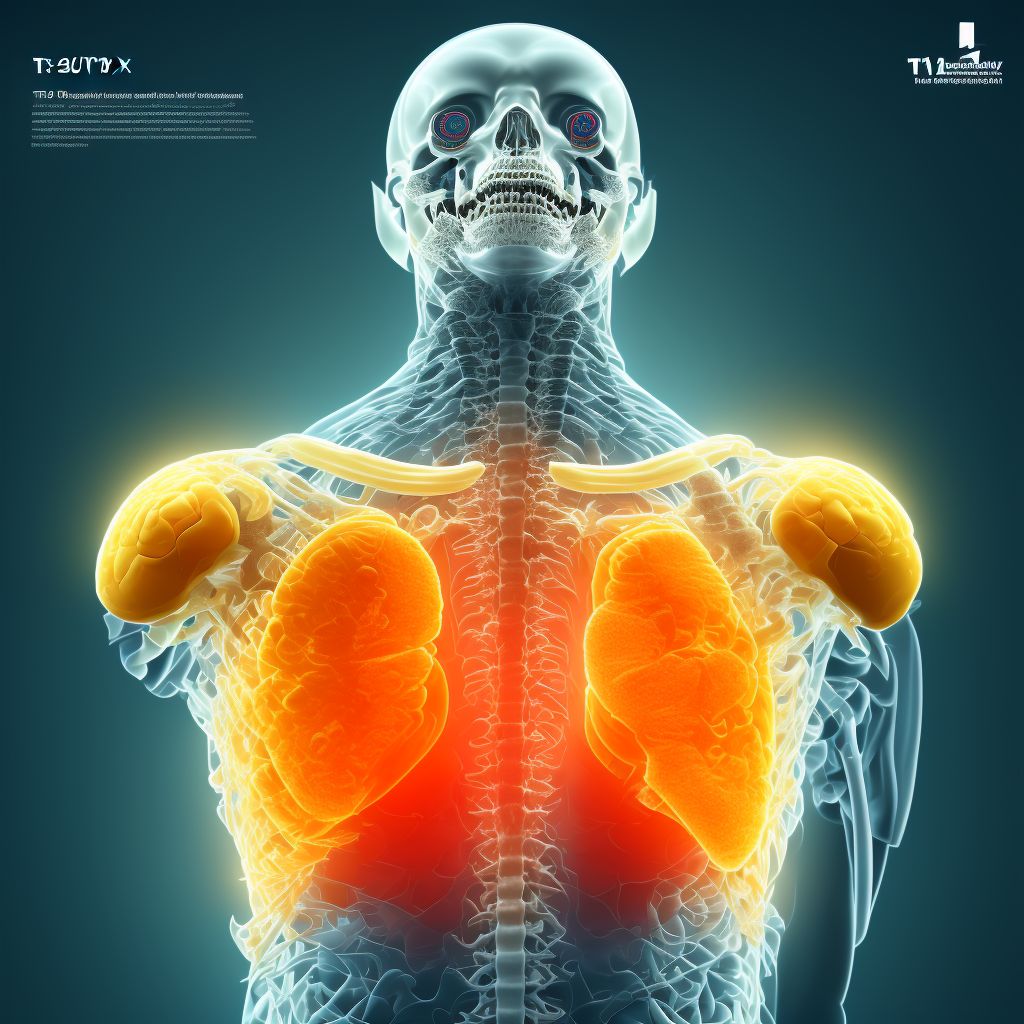 Subluxation of T10/T11 thoracic vertebra, subsequent encounter digital illustration