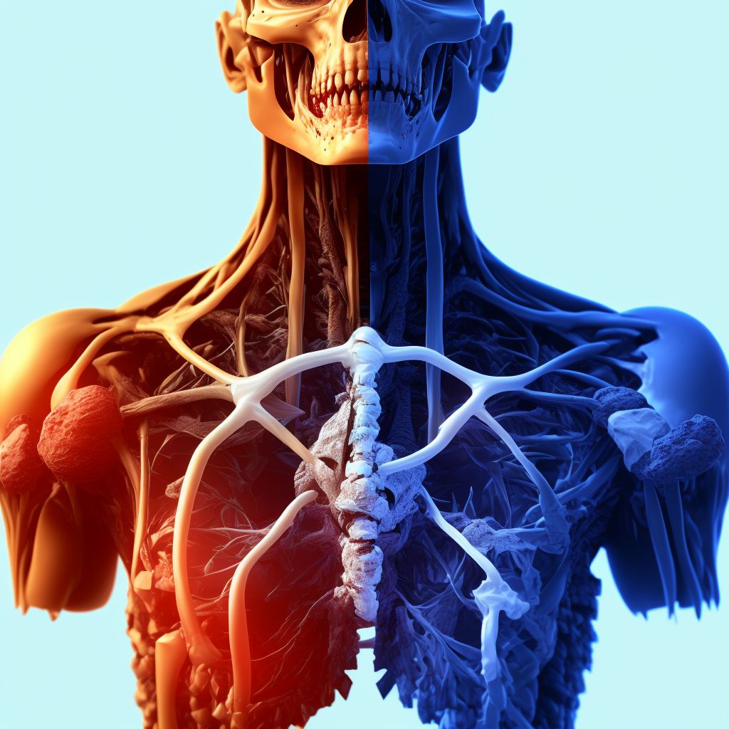 Posterior displaced fracture of sternal end of left clavicle, initial encounter for open fracture digital illustration