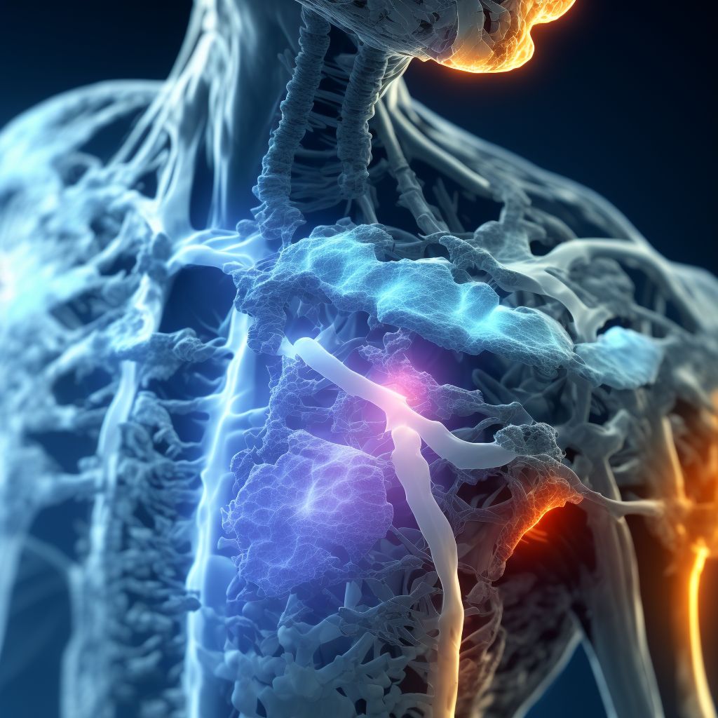 Posterior displaced fracture of sternal end of unspecified clavicle, subsequent encounter for fracture with delayed healing digital illustration