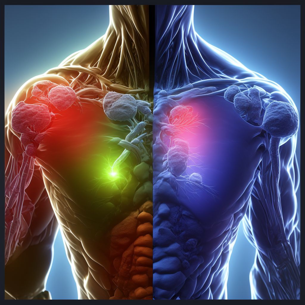 Displaced fracture of acromial process, right shoulder, initial encounter for open fracture digital illustration