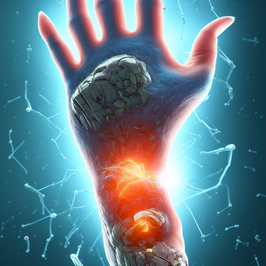 Laceration of flexor muscle, fascia and tendon of left middle finger at forearm level, sequela digital illustration