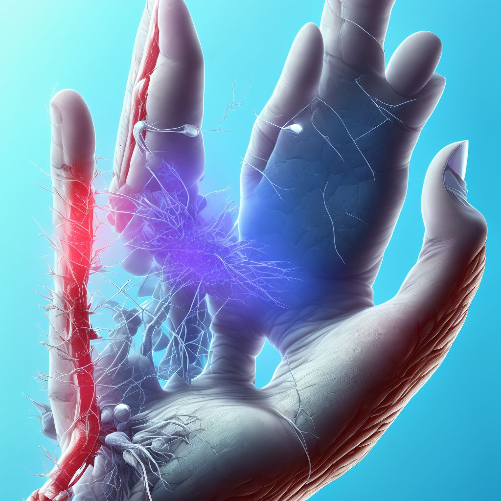 Laceration of extensor muscle, fascia and tendon of left middle finger at forearm level, initial encounter digital illustration