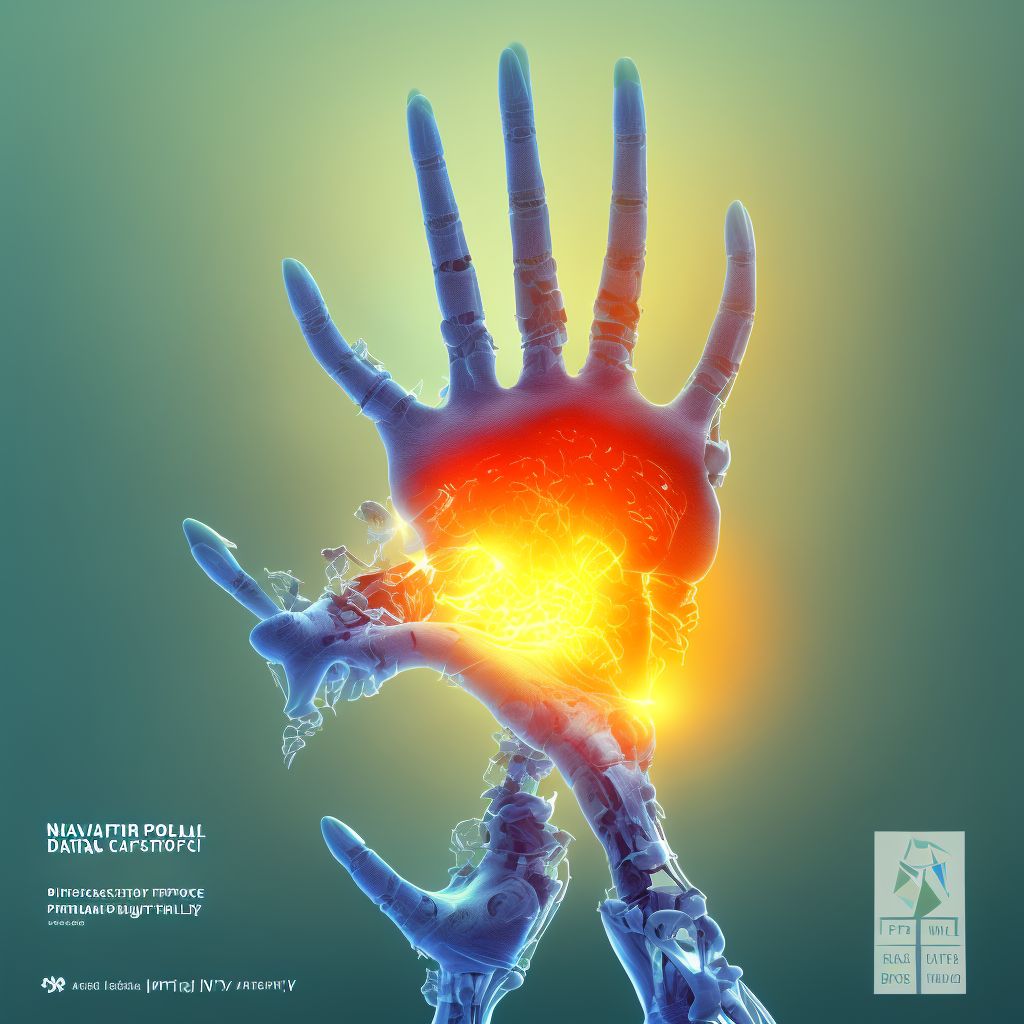 Displaced fracture of distal pole of navicular [scaphoid] bone of right wrist, subsequent encounter for fracture with delayed healing digital illustration