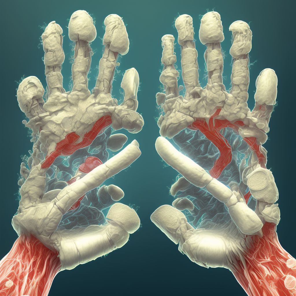 Dislocation of metacarpophalangeal joint of left middle finger, subsequent encounter digital illustration