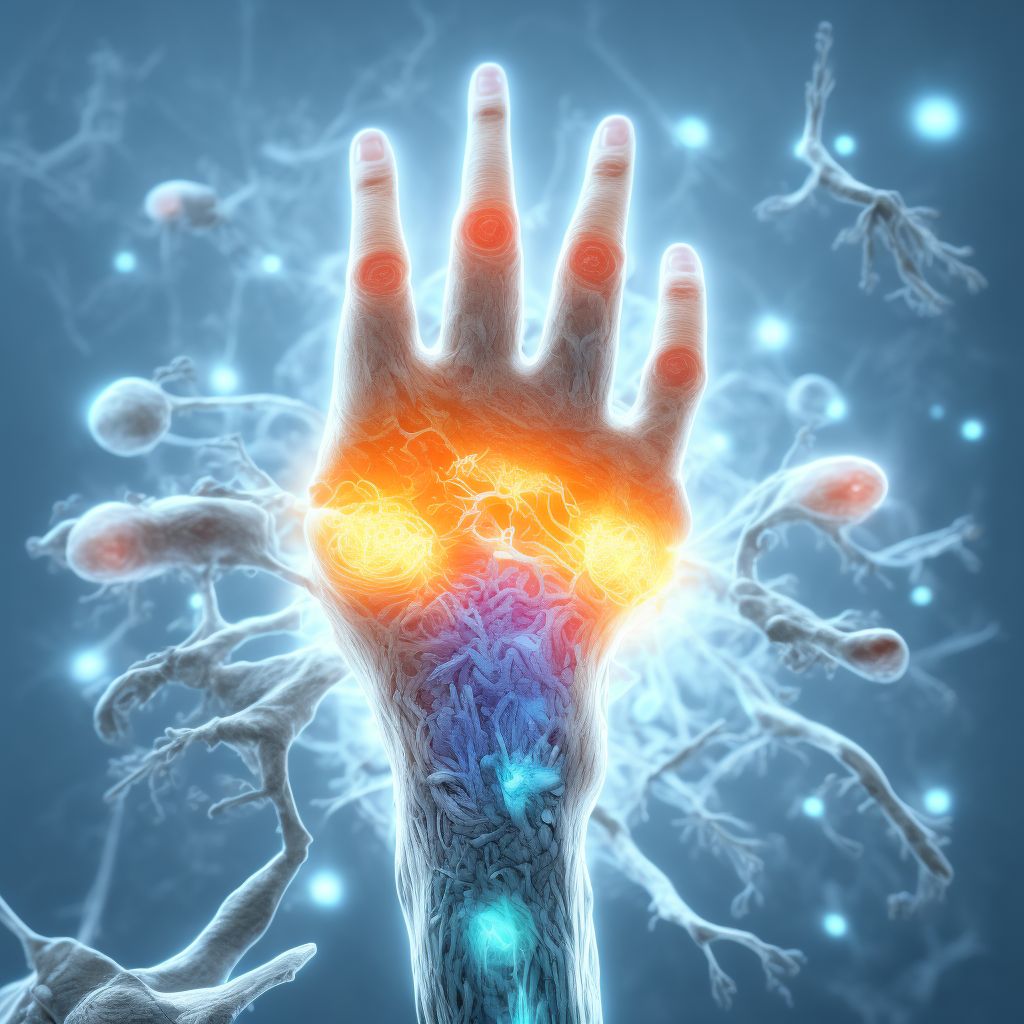 Traumatic rupture of palmar ligament of right middle finger at metacarpophalangeal and interphalangeal joint, initial encounter digital illustration