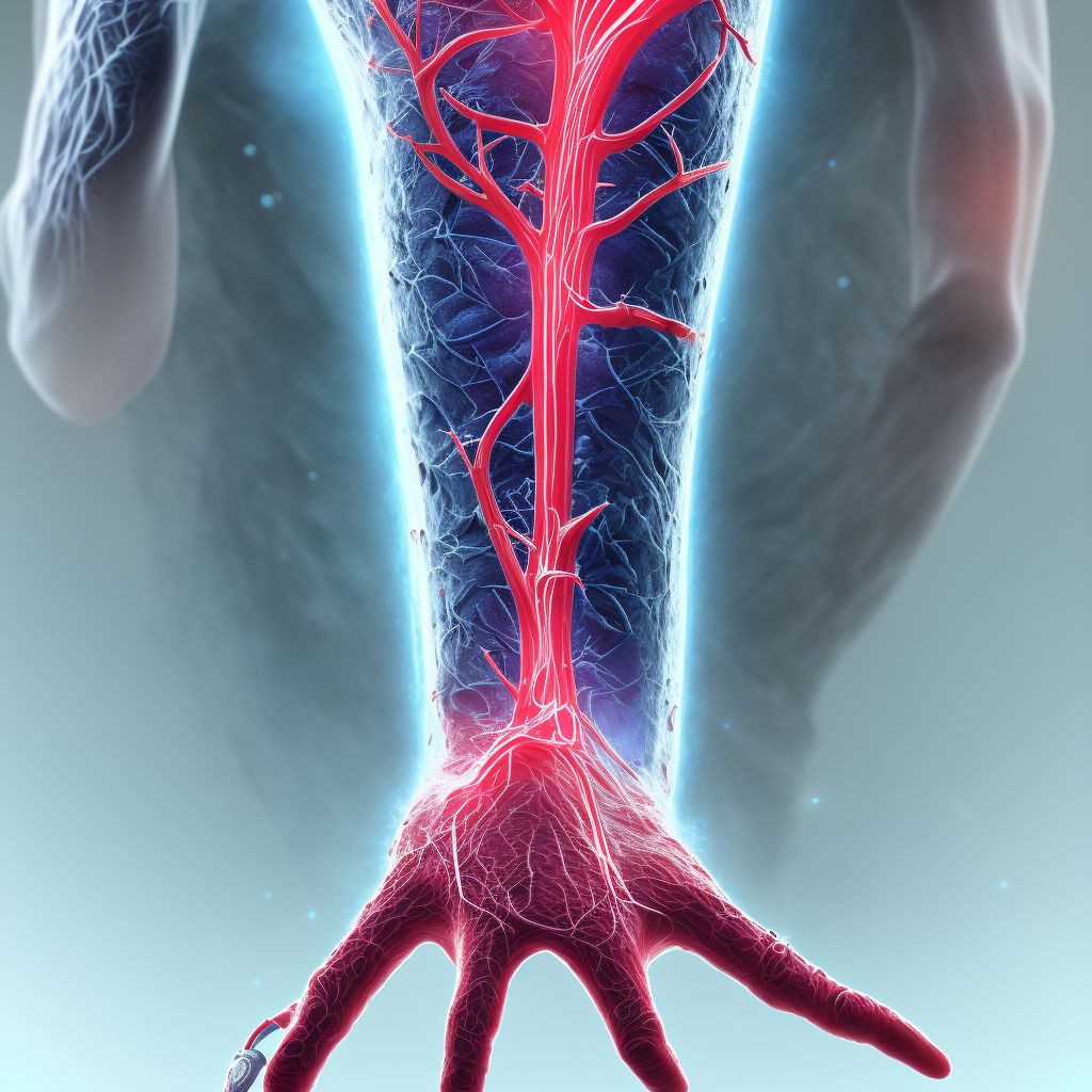 Laceration of ulnar artery at wrist and hand level of right arm, initial encounter digital illustration