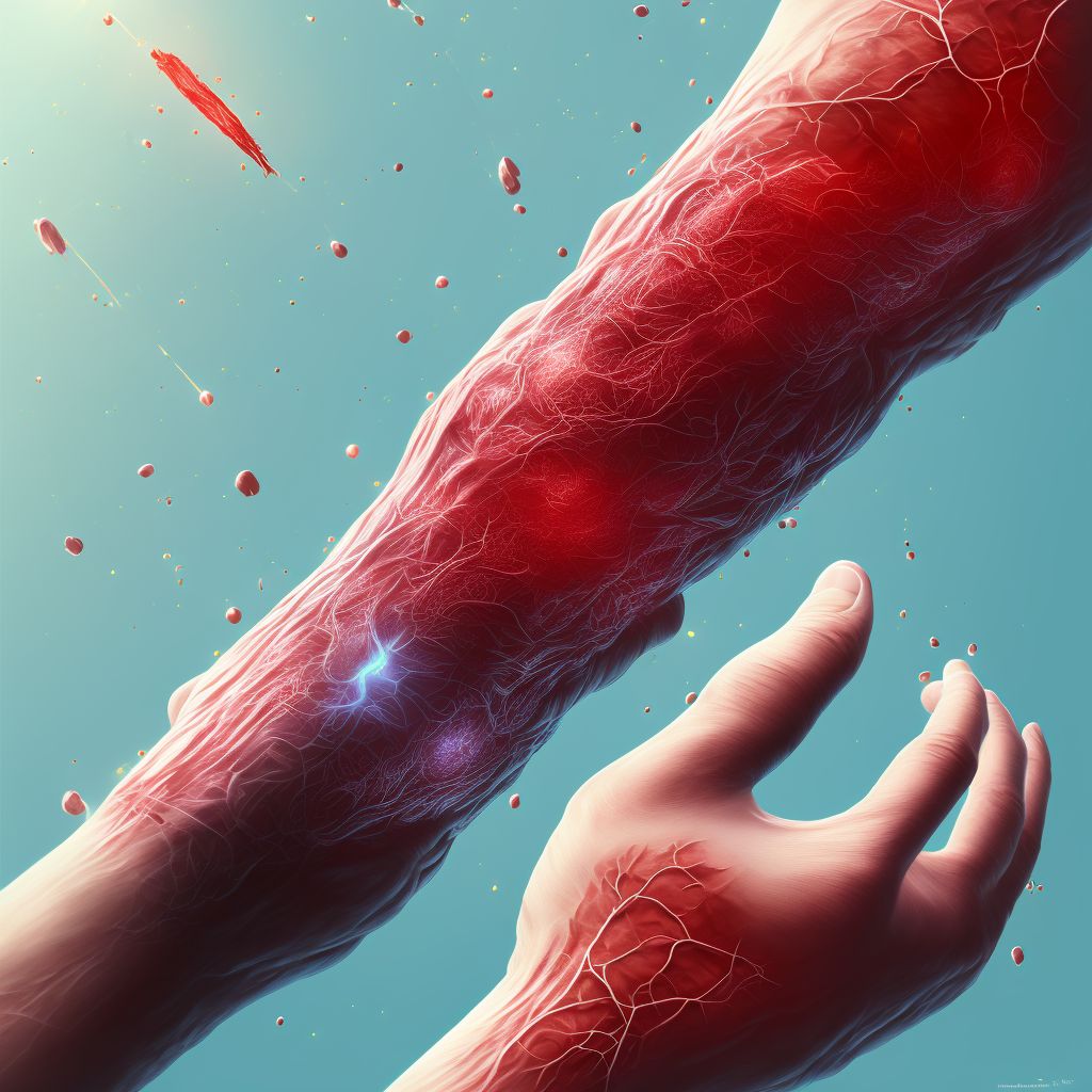 Laceration of radial artery at wrist and hand level of right arm, initial encounter digital illustration