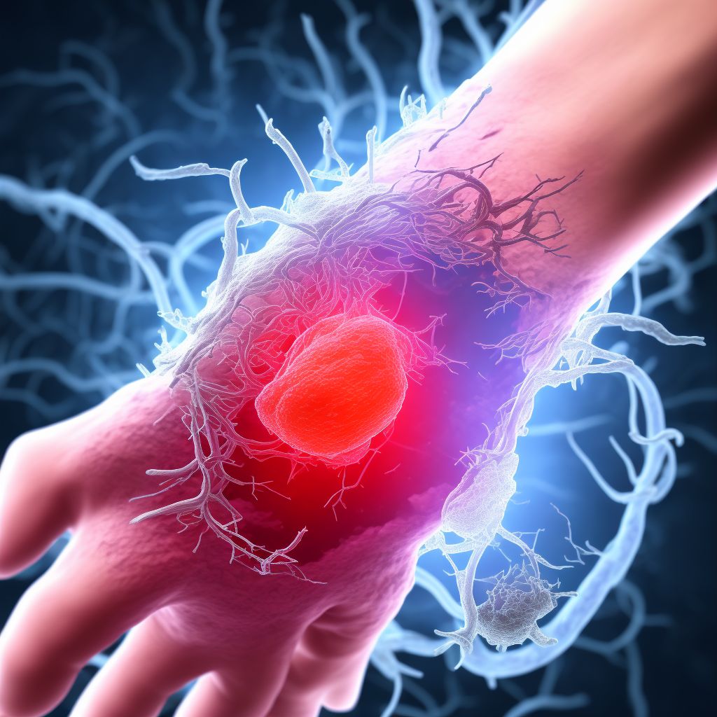 Laceration of unspecified blood vessel at wrist and hand level of unspecified arm, sequela digital illustration