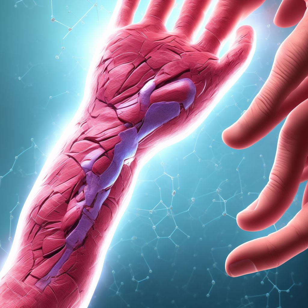 Laceration of flexor muscle, fascia and tendon of left middle finger at wrist and hand level, sequela digital illustration