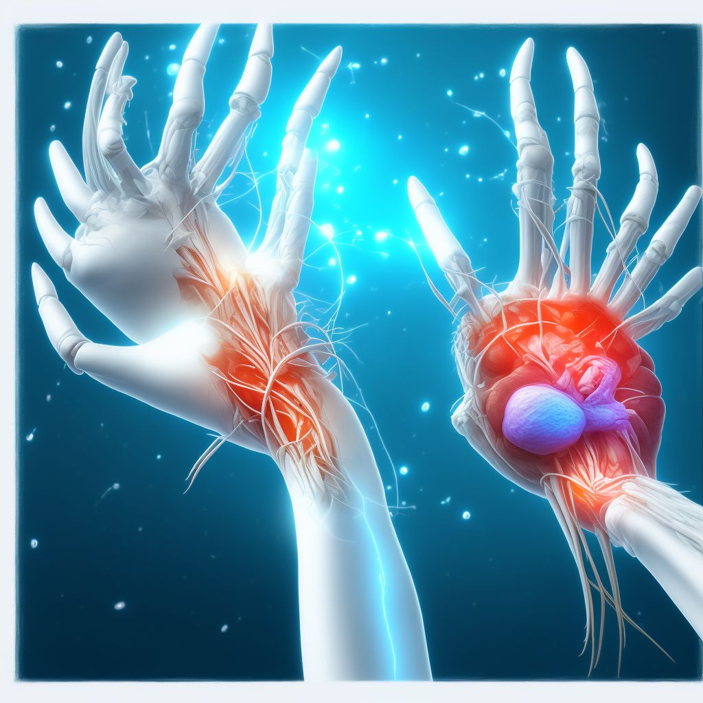 Strain of extensor muscle, fascia and tendon of right thumb at wrist and hand level, initial encounter digital illustration