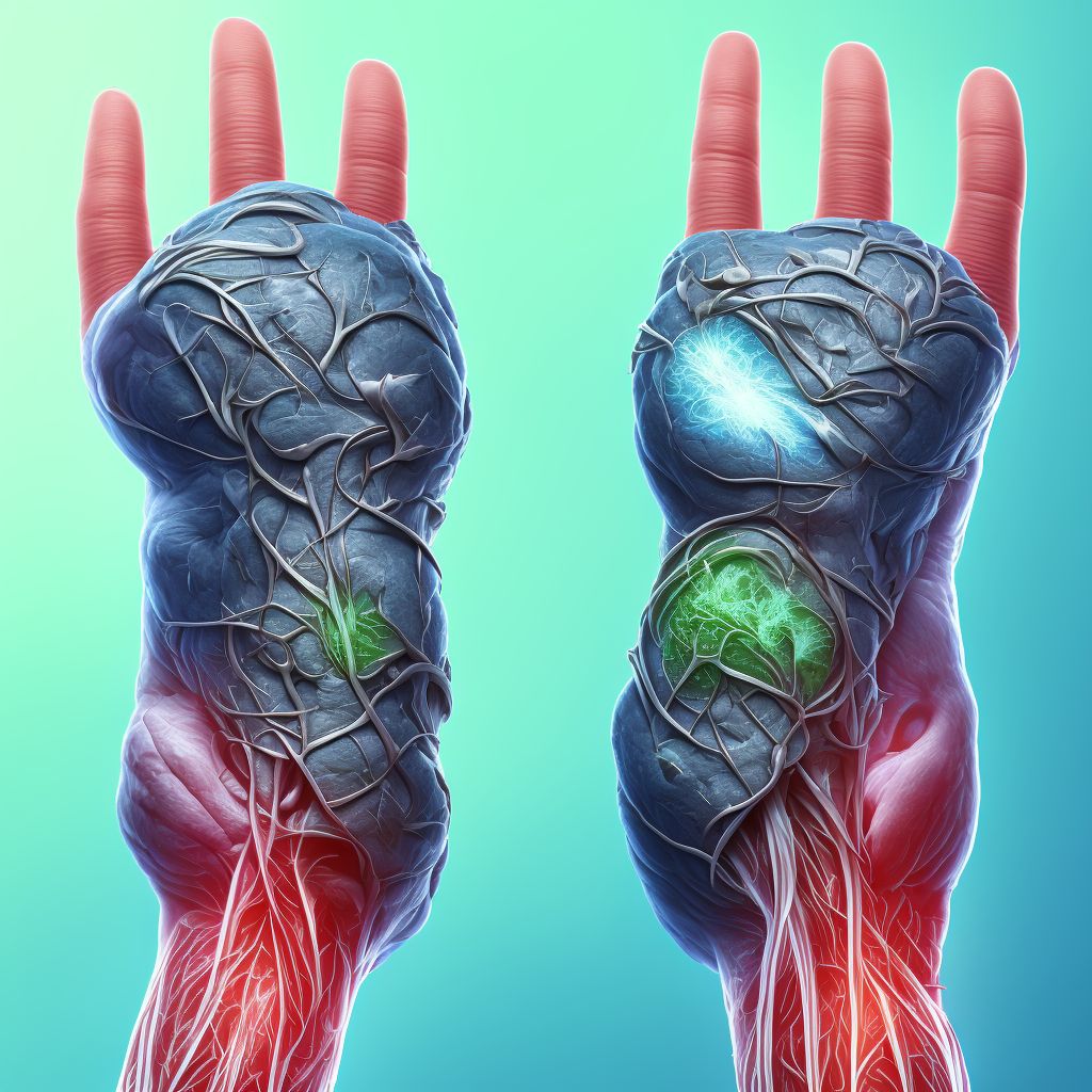 Strain of extensor muscle, fascia and tendon of left thumb at wrist and hand level, initial encounter digital illustration