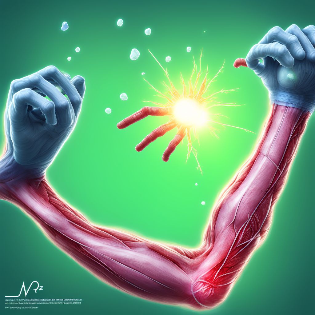 Strain of extensor muscle, fascia and tendon of right middle finger at wrist and hand level, subsequent encounter digital illustration