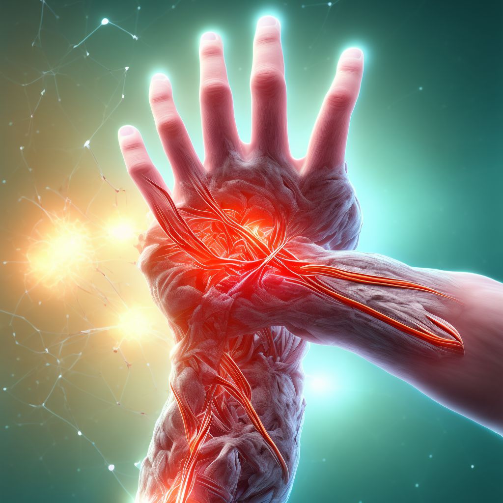 Strain of extensor muscle, fascia and tendon of right middle finger at wrist and hand level, sequela digital illustration