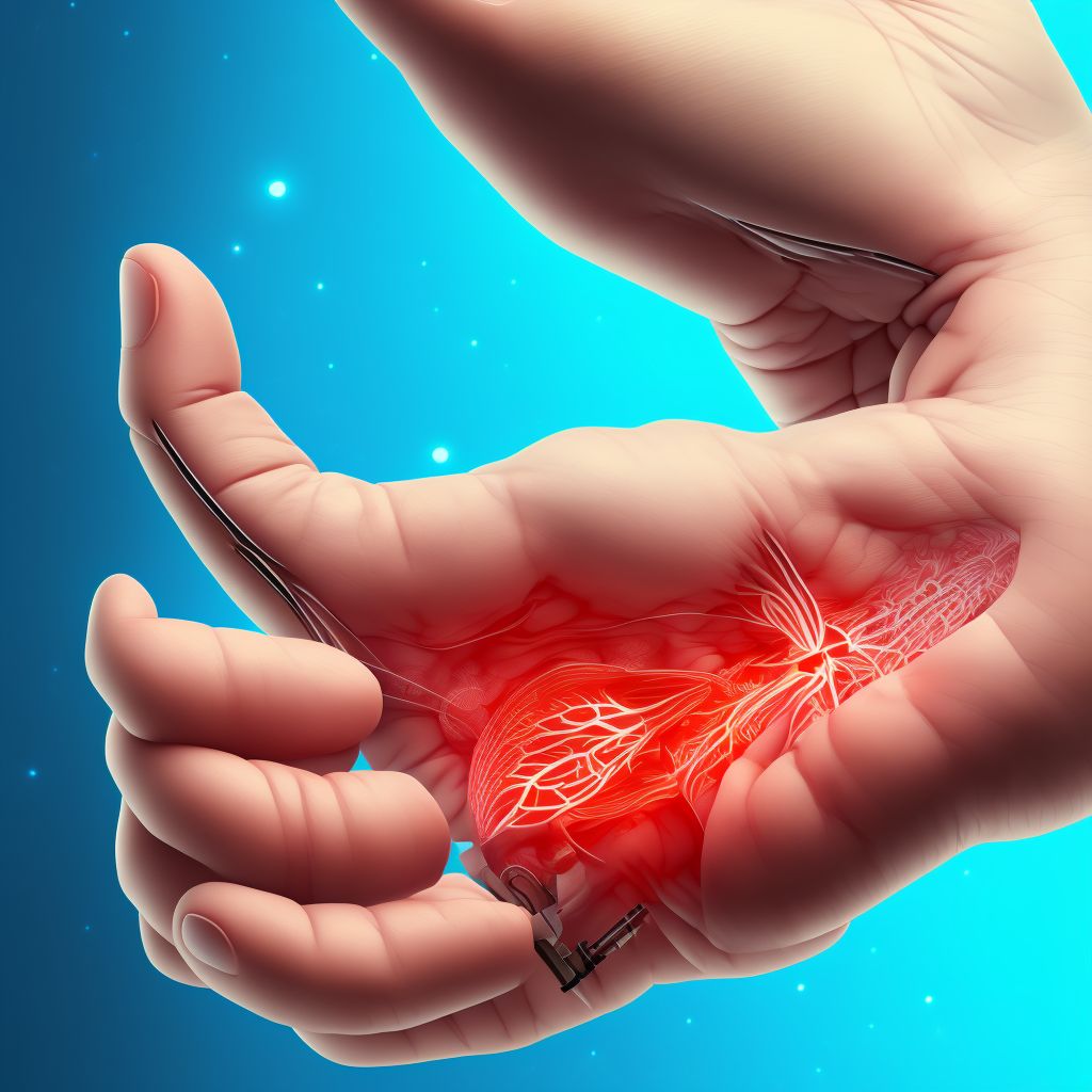 Strain of intrinsic muscle, fascia and tendon of left index finger at wrist and hand level, initial encounter digital illustration