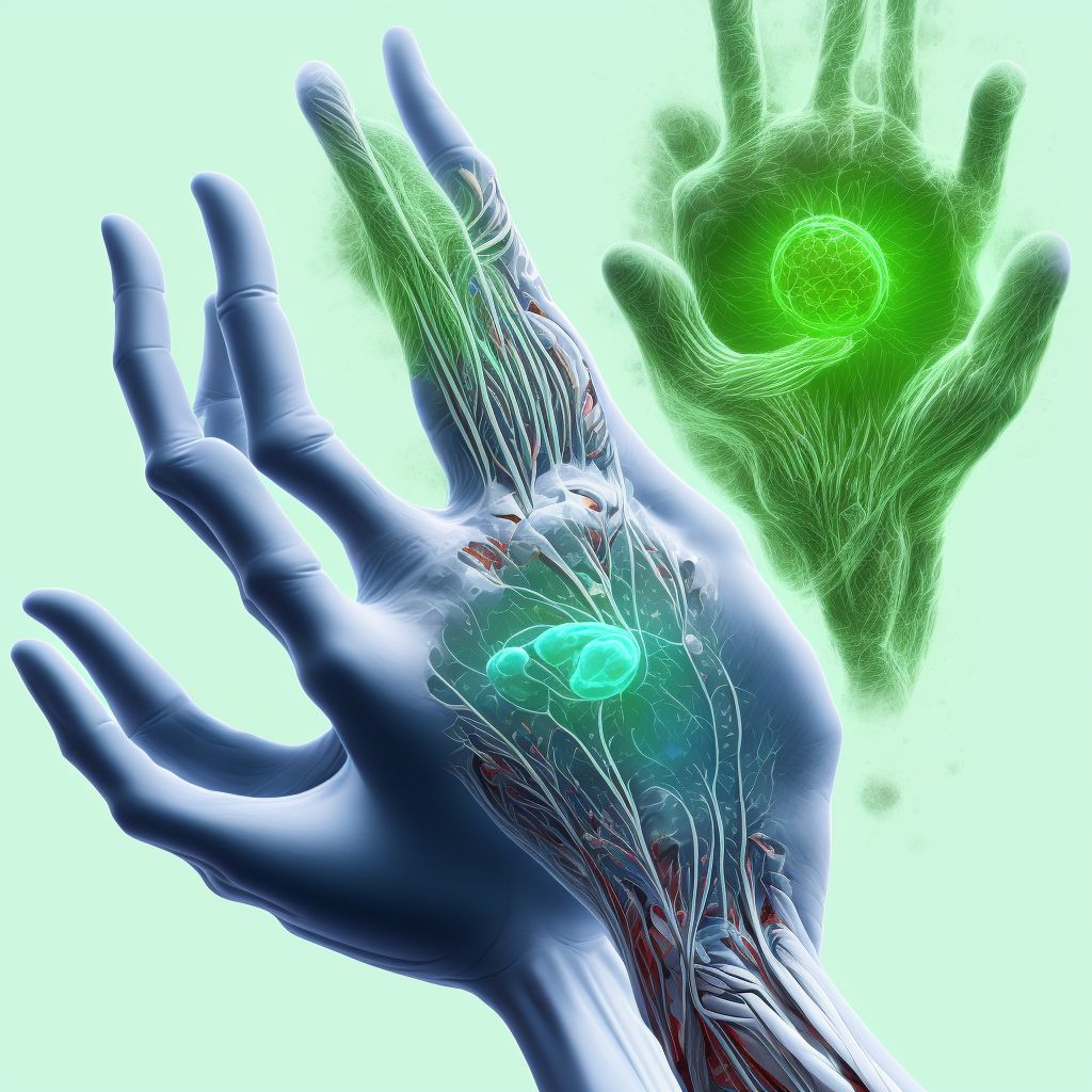 Strain of intrinsic muscle, fascia and tendon of left index finger at wrist and hand level, subsequent encounter digital illustration