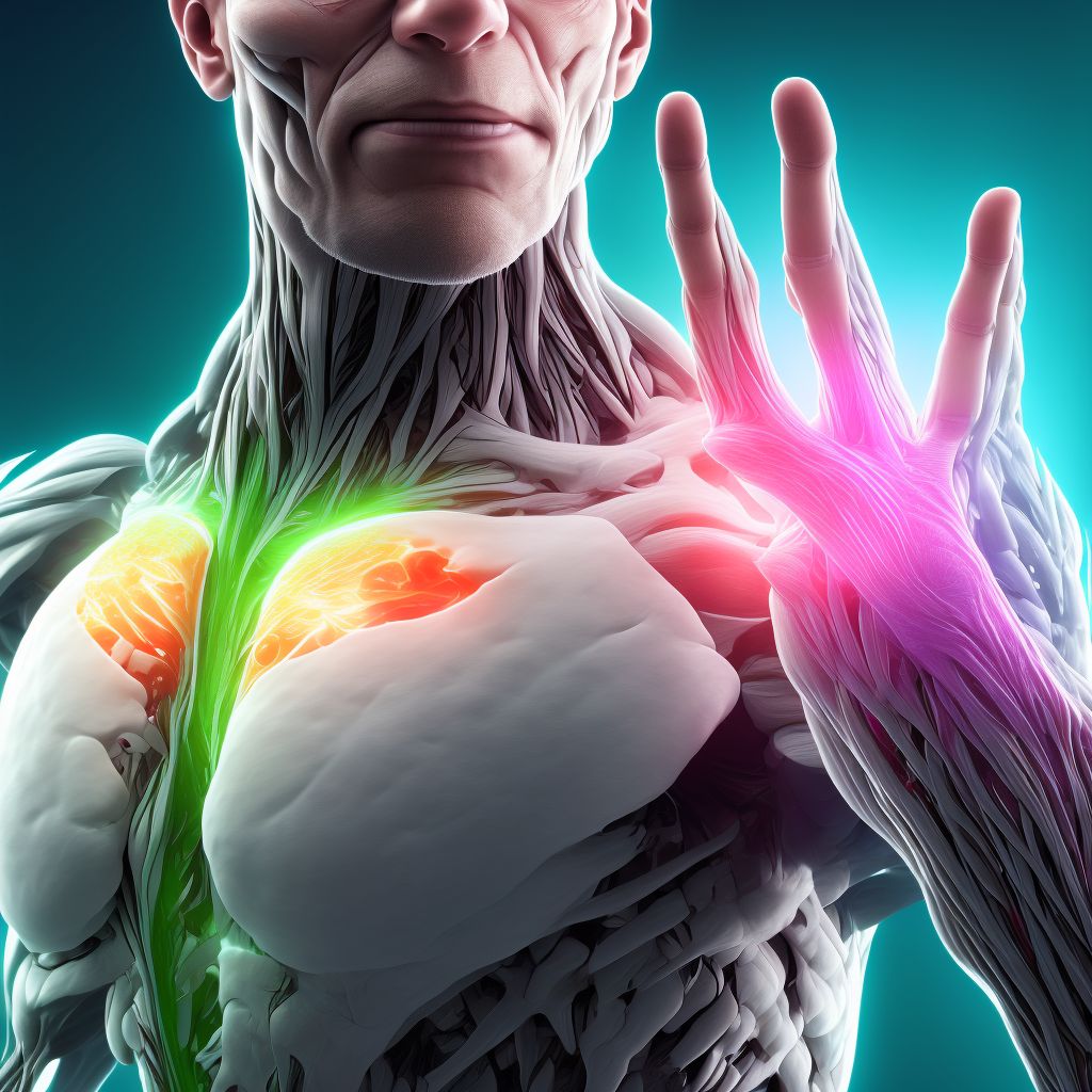 Strain of intrinsic muscle, fascia and tendon of right middle finger at wrist and hand level, sequela digital illustration