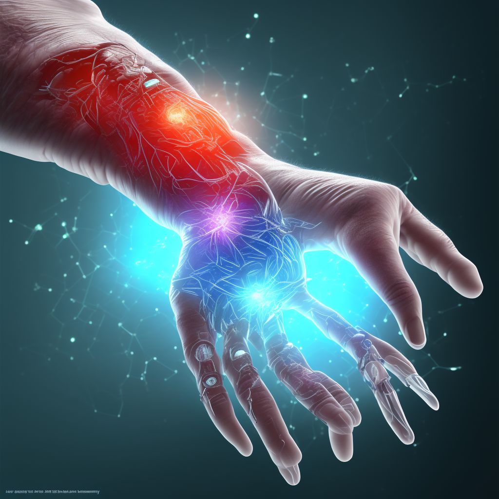 Laceration of intrinsic muscle, fascia and tendon of left index finger at wrist and hand level, subsequent encounter digital illustration