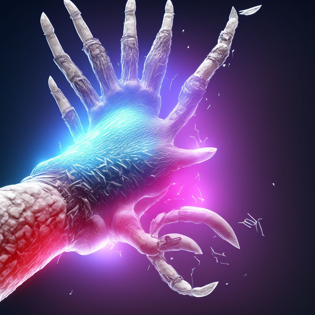 Laceration of intrinsic muscle, fascia and tendon of left little finger at wrist and hand level, subsequent encounter digital illustration