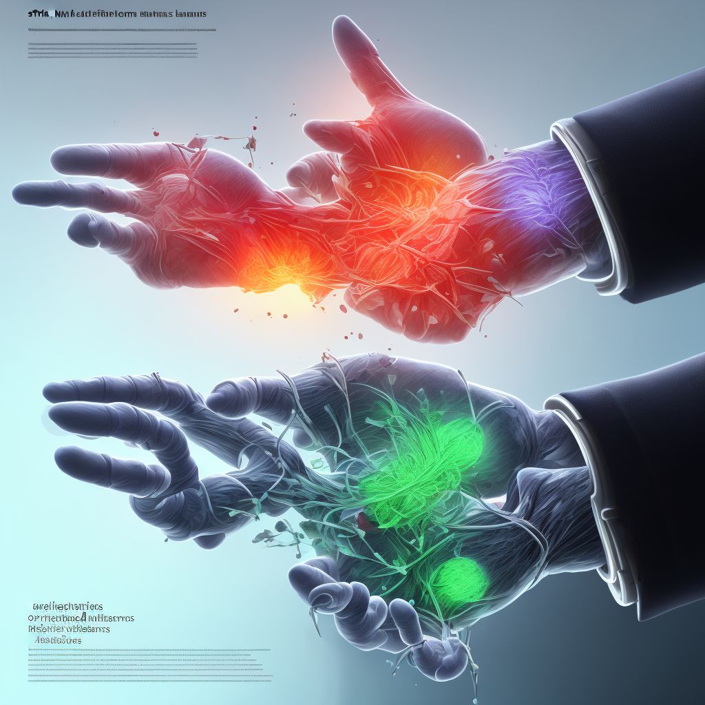 Strain of other specified muscles, fascia and tendons at wrist and hand level, left hand, subsequent encounter digital illustration