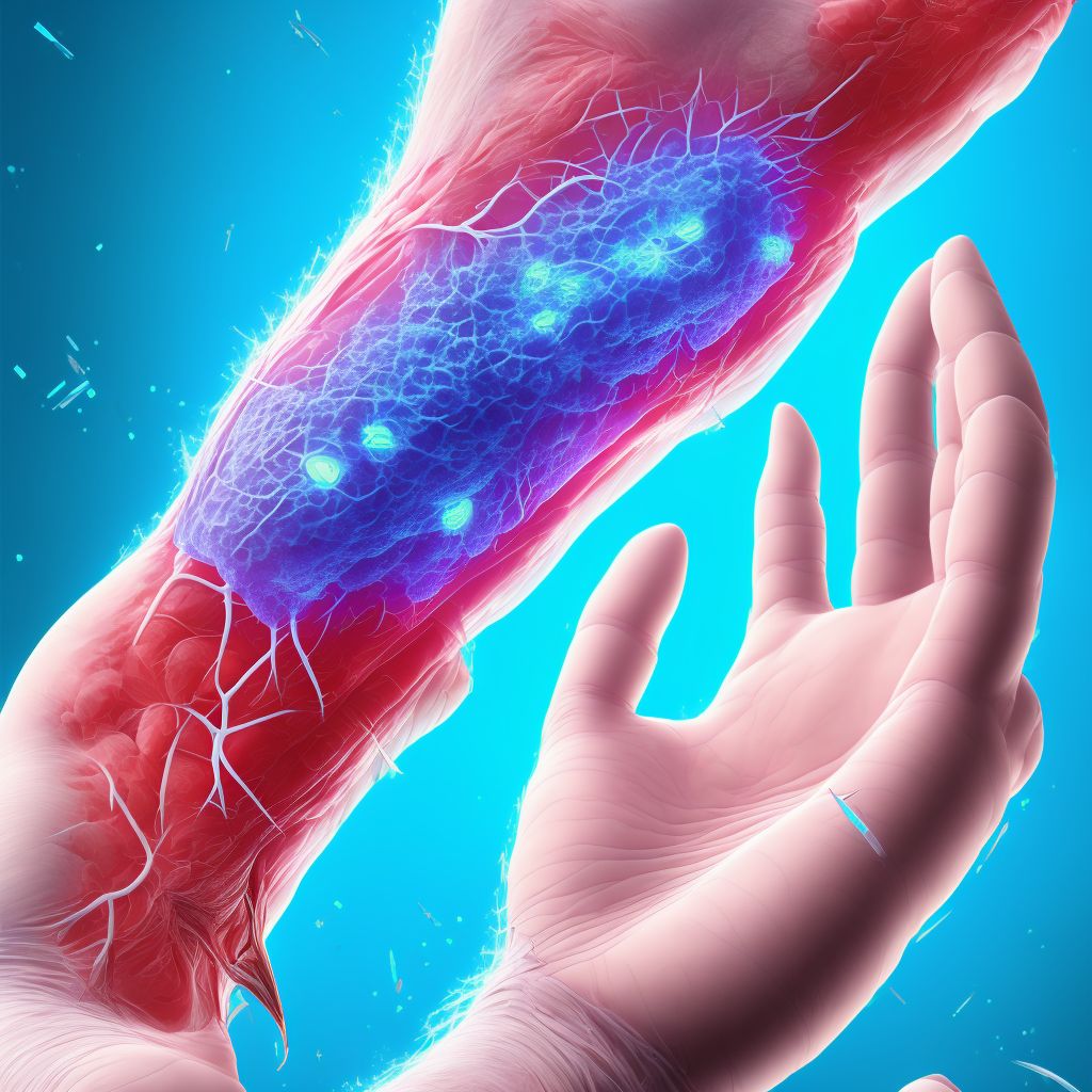 Laceration of unspecified muscle, fascia and tendon at wrist and hand level, right hand, subsequent encounter digital illustration