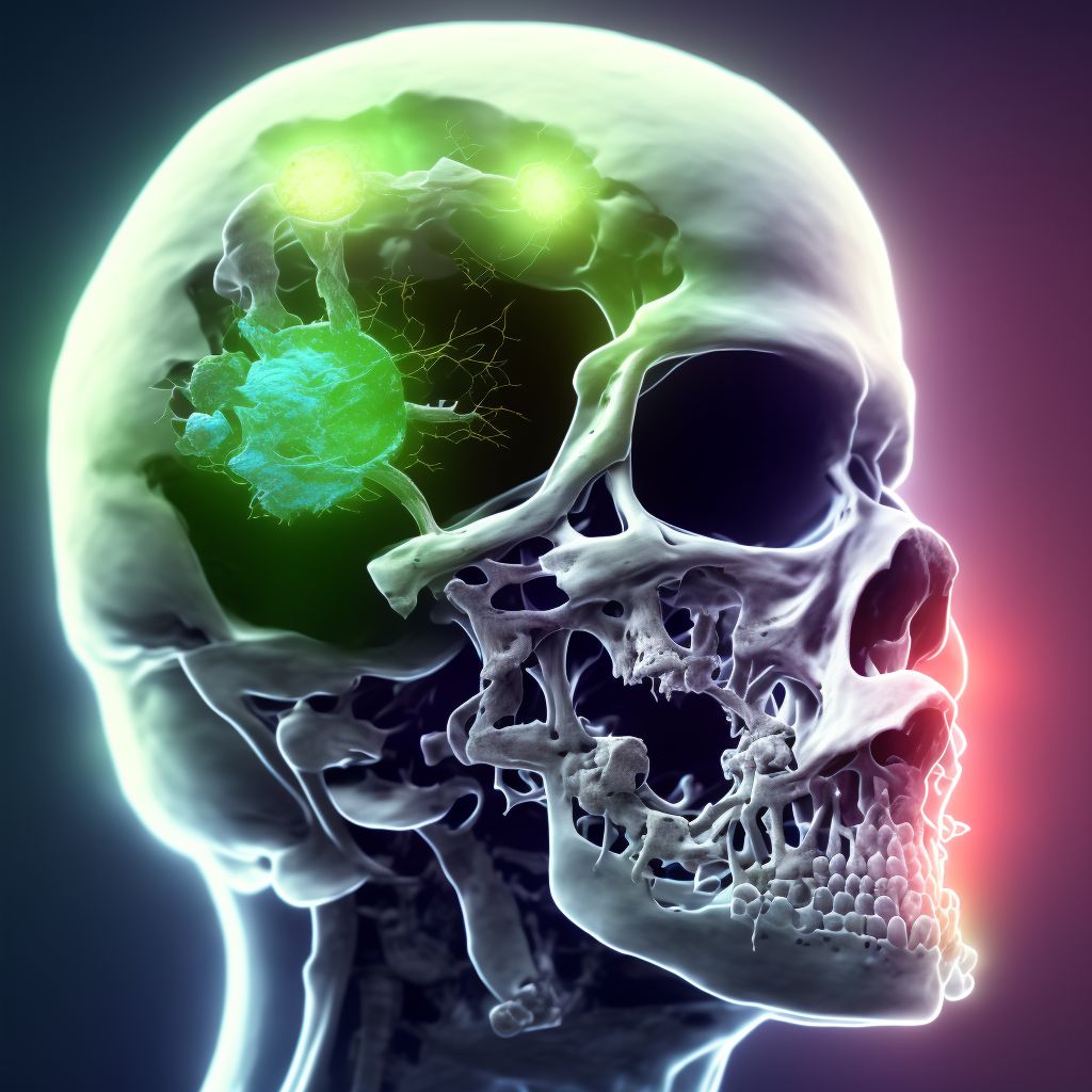 Displaced articular fracture of head of unspecified femur, subsequent encounter for open fracture type IIIA, IIIB, or IIIC with delayed healing digital illustration