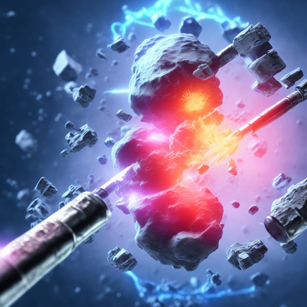 Nondisplaced comminuted fracture of shaft of right femur, subsequent encounter for open fracture type I or II with delayed healing digital illustration