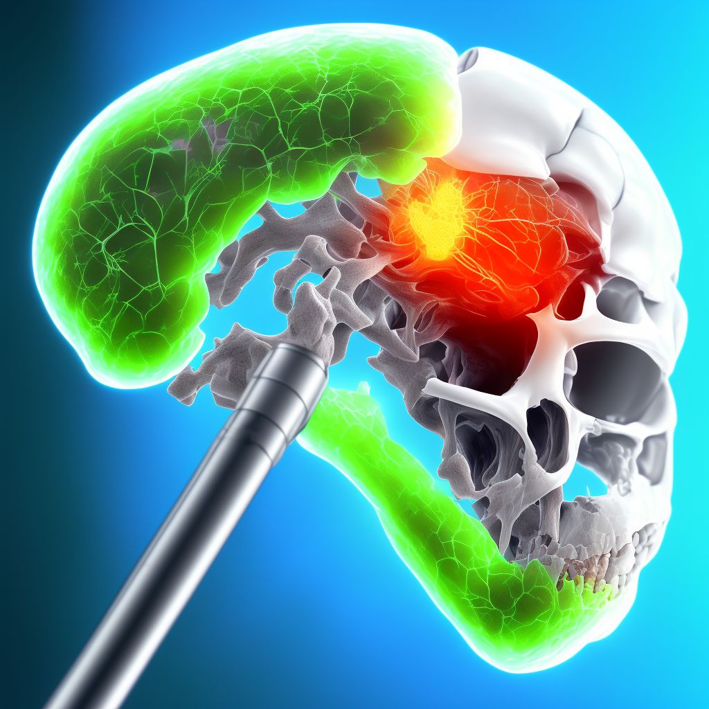 Nondisplaced supracondylar fracture with intracondylar extension of lower end of right femur, subsequent encounter for open fracture type IIIA, IIIB, or IIIC with delayed healing digital illustration