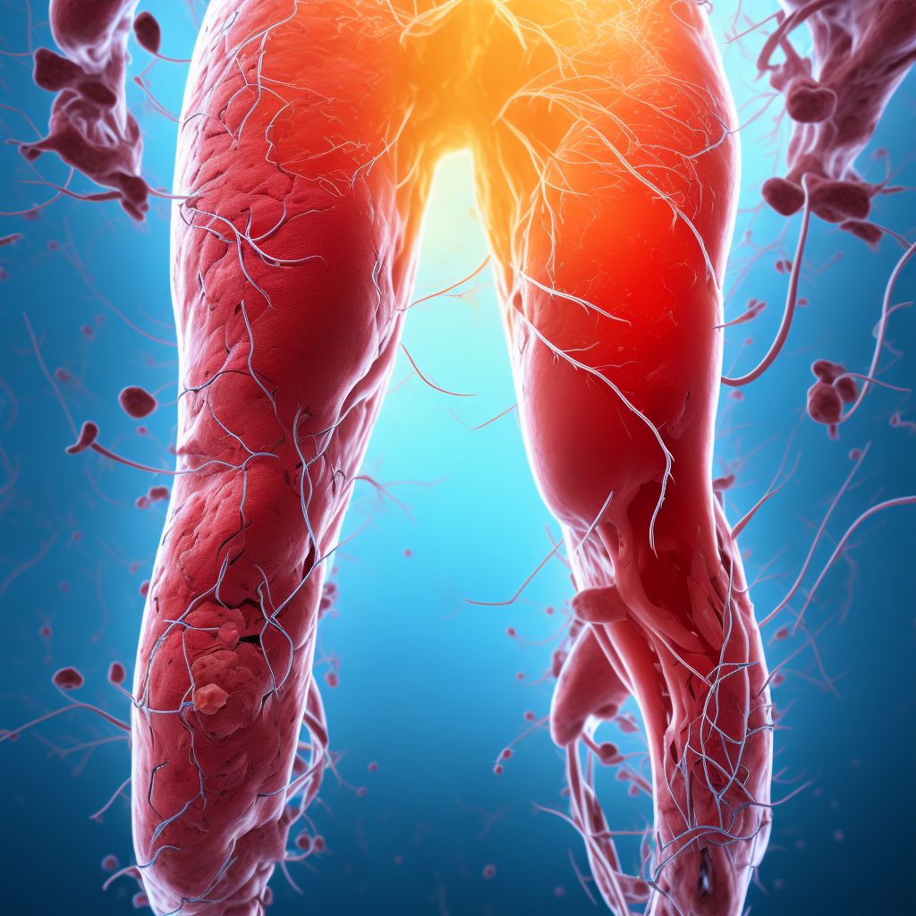 Laceration of unspecified blood vessel at hip and thigh level, right leg, initial encounter digital illustration