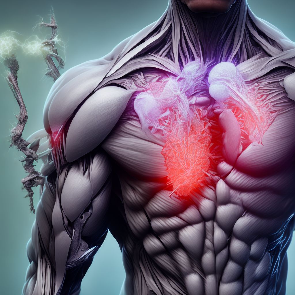 Laceration of muscle, fascia and tendon of right hip, initial encounter digital illustration