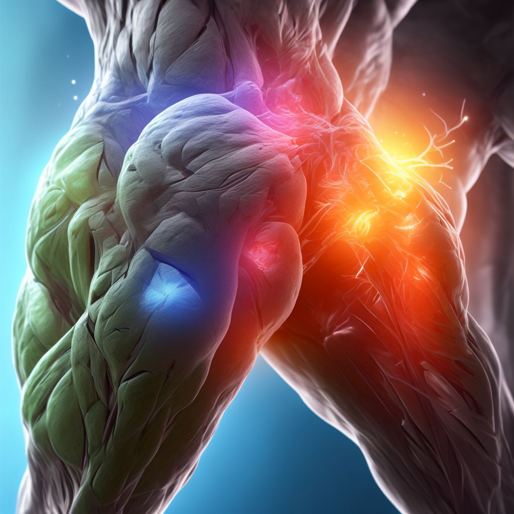 Laceration of muscle, fascia and tendon of the posterior muscle group at thigh level, left thigh, subsequent encounter digital illustration