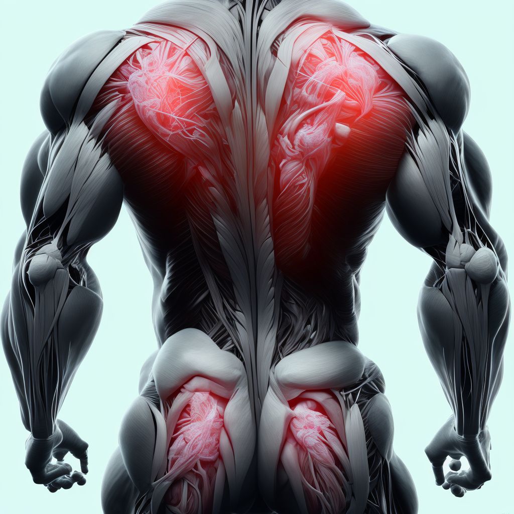 Laceration of muscle, fascia and tendon of the posterior muscle group at thigh level, unspecified thigh, initial encounter digital illustration