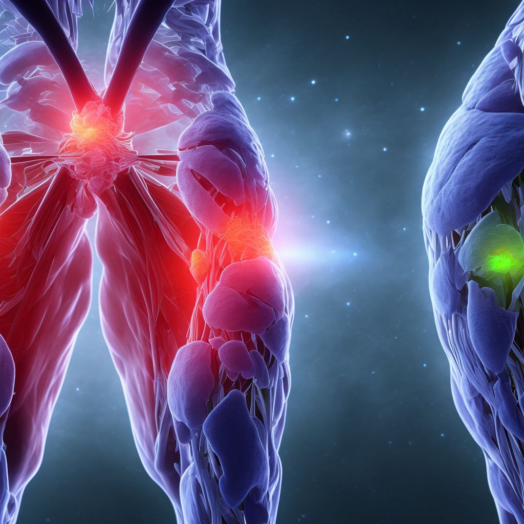 Strain of other specified muscles, fascia and tendons at thigh level, right thigh, initial encounter digital illustration